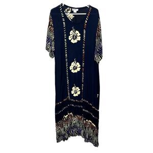 We Be Bop Womens Plus Sz 1X Floral Dress Batik Crinkle Rayon Short Sleeve Black